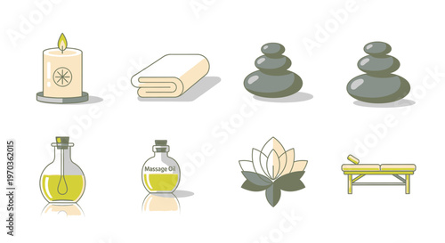Spa icons candle towel stones oil lotus and massage table