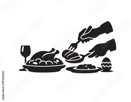 Elegant Thanksgiving dinner vector illustration, a festive holiday meal with roasted turkey and side dishes, perfect for seasonal designs and culinary themes.