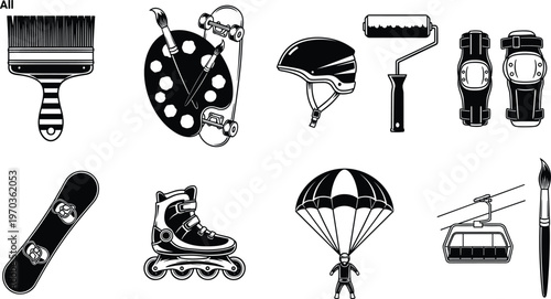 Recreational Sports Equipment Icons Set with Skateboard, Roller Skates, Helmet, Parachute, Ski Lift, Paint Brush, and Protective Gear for Extreme Sports and Activities