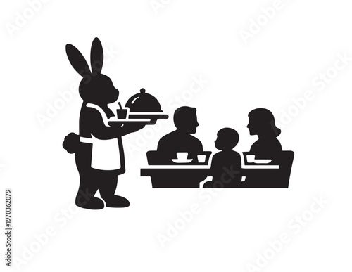Charming rabbit waiter serving family at restaurant, black and white vector illustration, whimsical animal character in hospitality, perfect for cafe and diner branding.