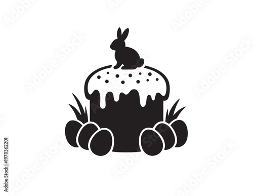 Easter cake with rabbit and eggs, traditional Orthodox Christian holiday dessert, festive black and white vector illustration, religious celebration design element