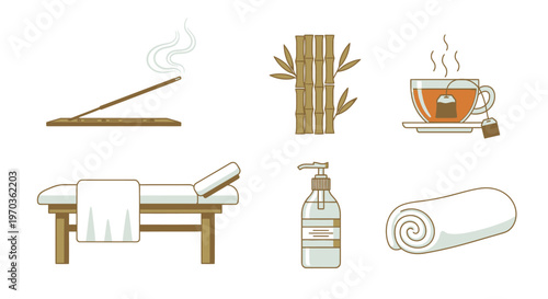 Spa elements illustration incense bamboo tea massage table lotion towel