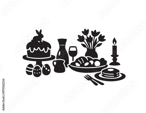 Easter holiday dinner vector illustration, traditional festive meal with cake, eggs, wine, and flowers, elegant black silhouette graphic resource for spring celebrations.