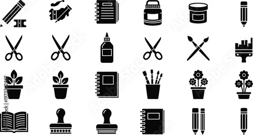 Stationery and Office Supplies Icons Set with Pencils, Scissors, Notebooks, Paint, Brushes, Glue, Plants, and Books for Creative, School, and Office Activities