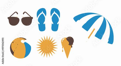 Summer vacation icons sunglasses flip flops sun umbrella ice cream and ball