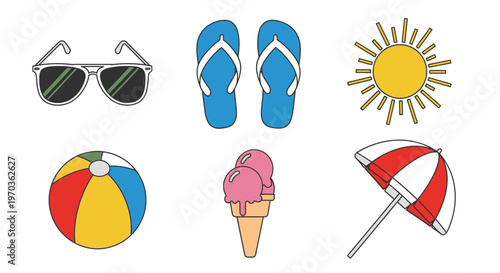 Summer vacation icons sunglasses sandals sun beach ball ice cream and umbrella