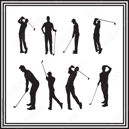 Golf Player Silhouette Set with Swing Poses Minimalist Sports Illustration