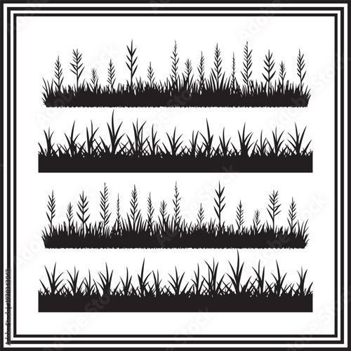 Grass Border Silhouette Set with Wild Plants and Meadow Elements Illustration