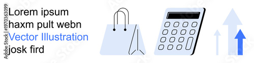 E-commerce, online shopping, business growth, retail analysis, sales strategies, financial planning. Shopping bag, calculator and arrows pointing upward. E-commerce and online shopping