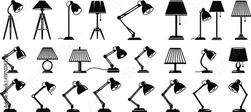 Variety of Lamp and Lighting Icons Set with Desk Lamps, Floor Lamps, Table Lamps, and Adjustable Lights for Home, Office, and Interior Decoration