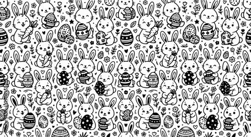 Cartoon style Easter pattern with bunnies holding carrots and eggs