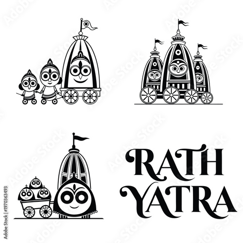 Rath Yatra Chariot Line Icon Set with RATH YATRA Text Design Vector Illustration