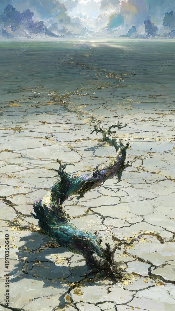 Fototapeta premium Twisted Tree Root on Cracked Desert Ground