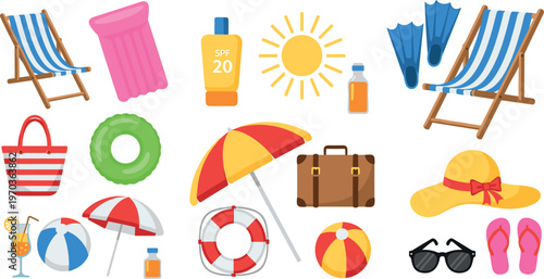 Summer Beach Vacation Gear Set with Umbrella, Sunglasses, Inflatable Ring, SPF 20 Sunscreen, Beach Chairs, Beach Balls, and Travel Essentials for Outdoor Fun