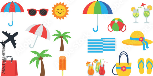 Summer Beach Vacation Essentials Set with Colorful Umbrellas, Palm Trees, Sunglasses, Cocktails, Ice Cream, Luggage, and Outdoor Accessories for Fun Travel