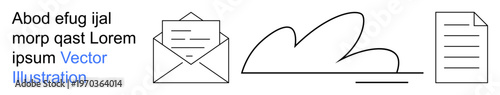 Email services, document sharing, cloud storage, office tasks, data transfer, technology interface. Envelope, cloud and document icon illustrations in a minimal line style. Email services