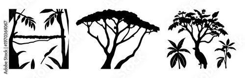 Rainforest canopy protection set with solid black icon on white background featuring eco, sustainability, nature with graphics and illustration