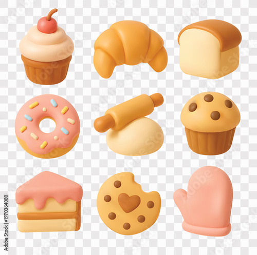 Bakery and Pastry Vector Icon Set | 3D icon set | Cupcake, Croissant, Loaf of Bread, Donut, Dough and Rolling Pin, Muffin, Slice of Cake, Cookie, Oven Mitt 