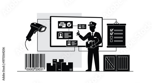 A focused logistics officer wearing a formal uniform manages warehouse inventory using a digital tracking dashboard and a handheld barcode scanner.