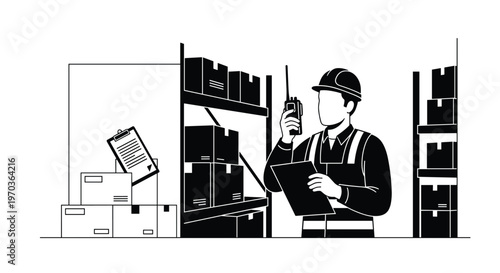 A diligent warehouse worker wearing a protective hard hat and safety vest uses a handheld walkie-talkie to coordinate logistics among storage units.
