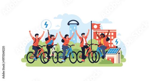 A diverse group of enthusiastic cyclists raises their arms in a joyful celebration while riding past a sustainable building powered by solar panels.