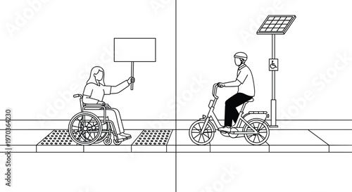 A minimalist line art illustration depicts a woman in a wheelchair holding a blank protest sign alongside a man riding a bicycle on tactile pavement.