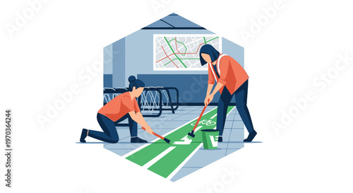Two dedicated workers wearing orange shirts meticulously paint a vibrant green bicycle lane onto the floor of a modern transit facility with a map.