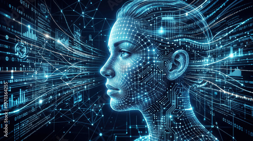 A woman stands in a virtual environment filled with glowing data and binary codes