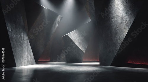 Abstract Architectural Symphony: Dramatic lighting and geometric forms intertwine to create a captivating modern architectural scene.