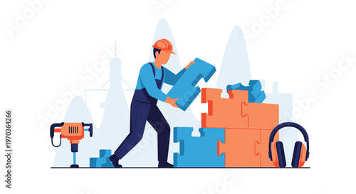 A focused construction worker wearing a protective orange hard hat fits large blue and orange puzzle pieces together in a stylized urban landscape.