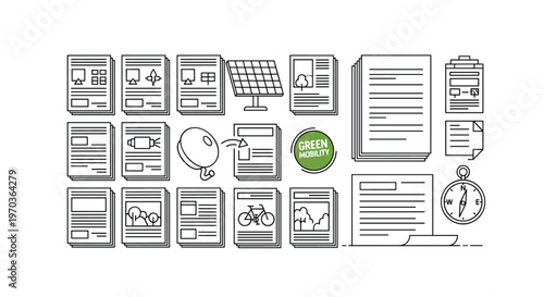 A comprehensive collection of clean line icons features diverse environmental documents alongside a solar panel and a vibrant green mobility circular emblem.