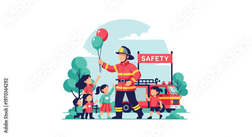 A friendly firefighter wearing a protective helmet holds colorful balloons while interacting with a group of cheerful children near a bright red safety truck.