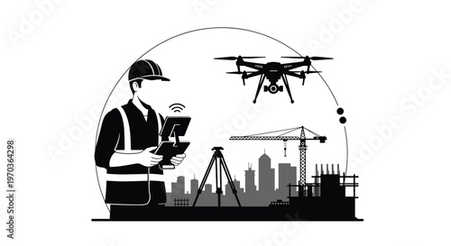 A skilled construction professional wearing a safety vest and hard hat operates a sophisticated aerial drone above a developing urban city skyline landscape.