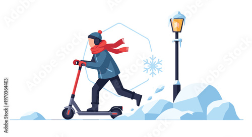 A bundled individual wearing a red scarf and blue jacket glides on a modern electric scooter through a snowy winter streetscape with icy street lamps.