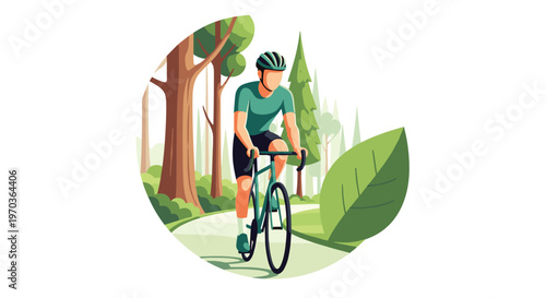 A determined male cyclist wearing a green athletic jersey and protective helmet pedals his sleek road bike through a vibrant circular forest landscape.