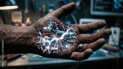 A hand is open and shows glowing digital data within the palm. Tools and screens are visible in the workspace