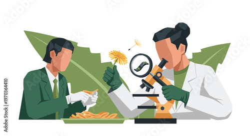 Dedicated laboratory scientists in white coats and green gloves meticulously analyze dandelion plant specimens using a high-precision microscope and tweezers.