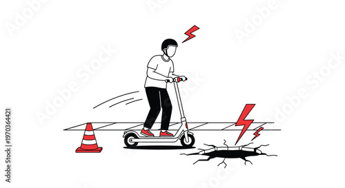A cautious rider on a kick scooter navigates a hazardous urban sidewalk featuring a dangerous cracked pothole highlighted by vibrant red warning bolts.
