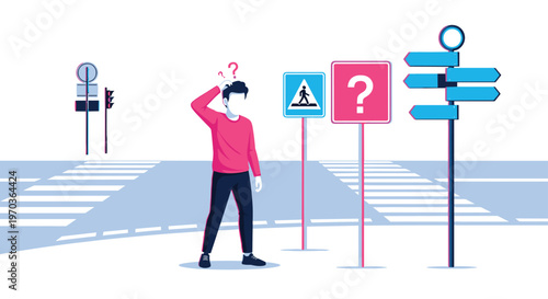 A bewildered young man in a pink sweater stands confused at a busy intersection surrounded by numerous conflicting traffic signs and blue street lines.