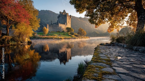 Golden Hour Over a Medieval Fortress and its Misty Moat in Fall