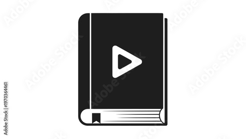 Solid black book icon with a white play button symbol on its cover