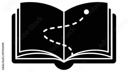 Open book with dotted line pathway and destination marker