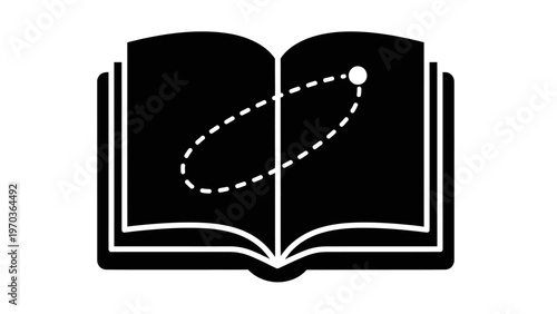 Open book with a dotted orbital path and target dot