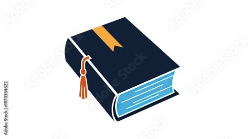 A stylized dark blue book with a golden bookmark and a tassel