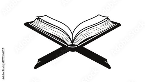 Stylized open book on a cross-shaped stand, black and white graphic