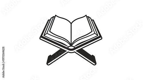 Stylized black and white illustration of an open book on a stand