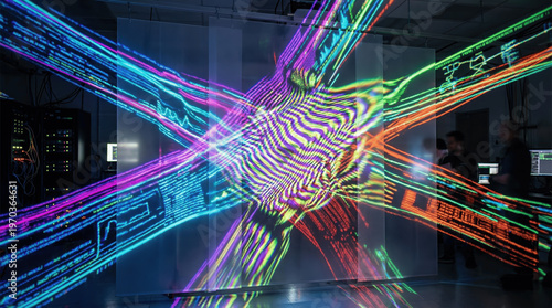 Bright patterns of light and data fill the wall in a tech lab