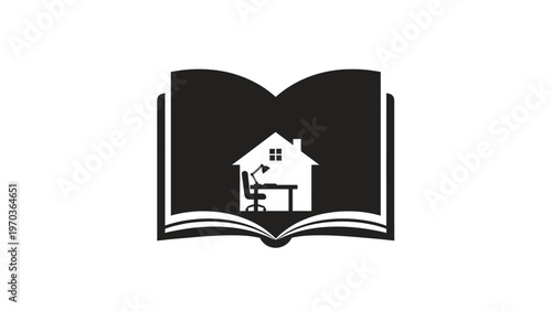 Open book logo with house, desk, and chair inside, symbolizing home study