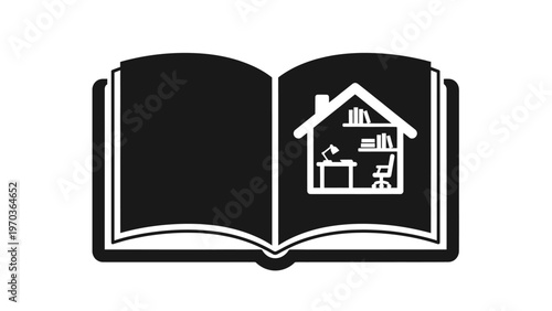 An open book reveals a silhouetted house interior with a desk and shelves