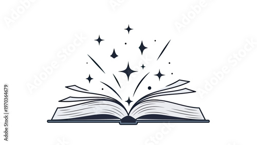 An open book with stars and lightbursts emanating from its pages